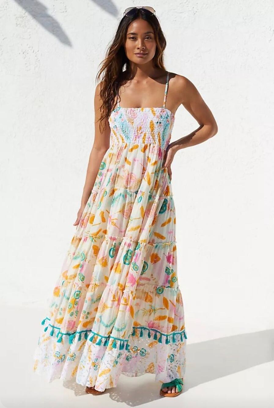Gypsy Queen Floral Smocked Maxi Dress Tassel Trim Tiered Boho Strappy summer s/m